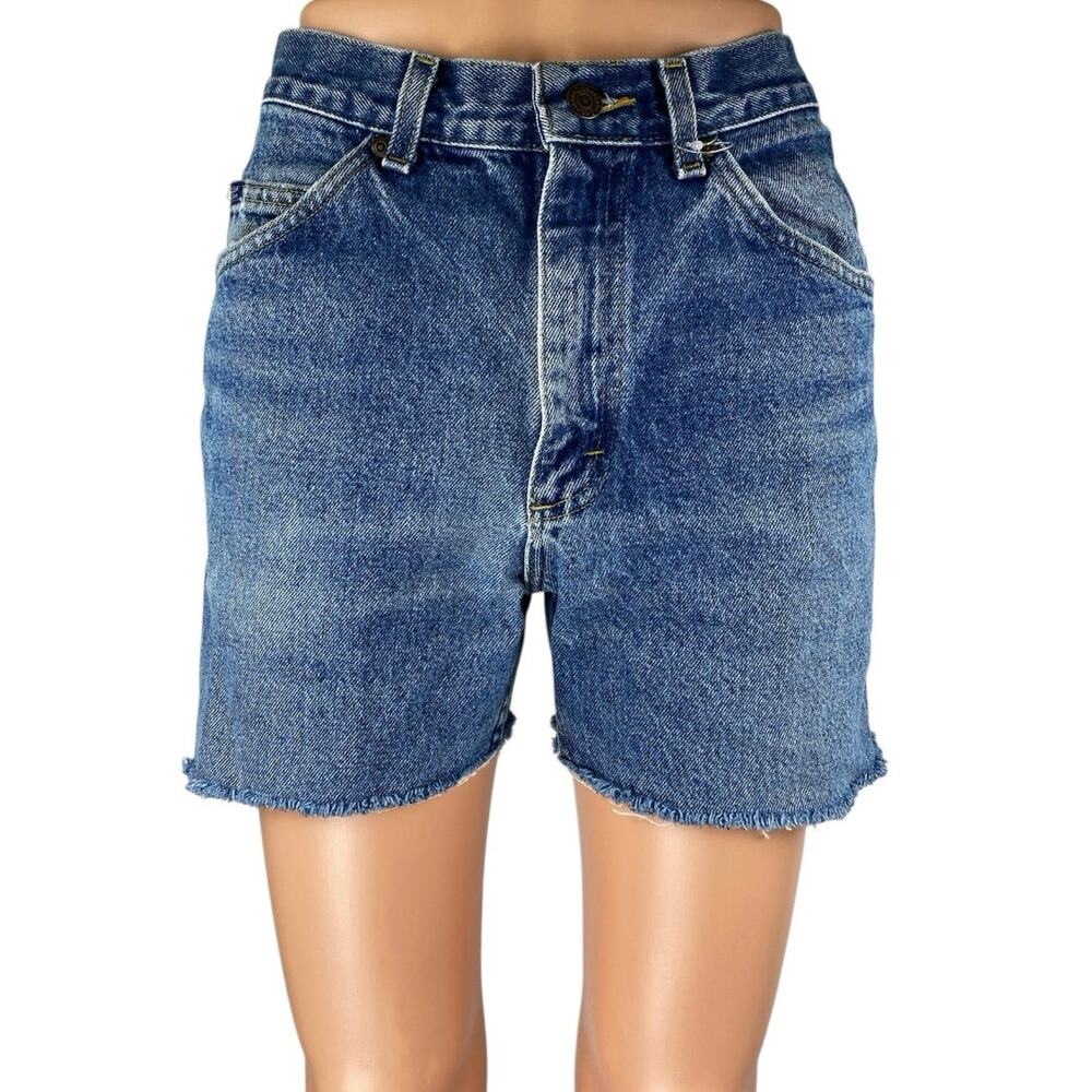 Lee Women's Blue High Waisted Medium wash Frayed Raw Hem Denim Jeans Shorts Sz M
